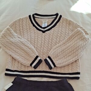 V-Neck Cable Knit Sweater - Cream and Black and Knit Skirt